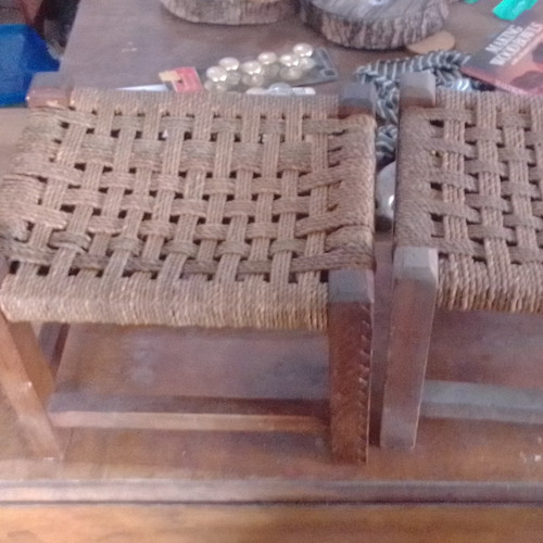 Wooden stool with woven - wooden, rope