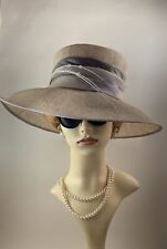 Sinamay Formal Dress Hat With Grey Multi Ribbon And Beaded Faux Feather Quill