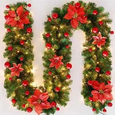 Pre Lit Christmas Garland 9FT with Lights Door Wreath Xmas Fireplace Decor LED