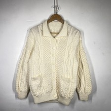 Vintage Aran Knit Cardigan Womens *12 Cream Cable Hand Made Button Up Wool