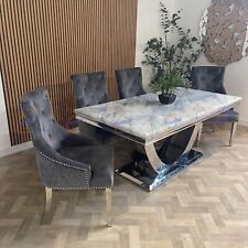 Luxury 1.8m Arial Light Grey Marble Dining Table U Stand and 4 Chairs Velvet Set