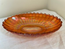 Irridescent Carnival Glass ribbed banana boat dish scalloped edge 8.5"