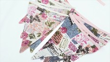 DOUBLE Sided Handmade Fabric Bunting Vintage French Rose Butterfly Cotton