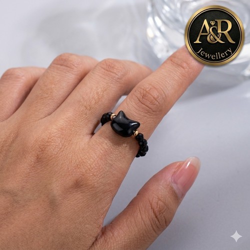 Black obsidian cat head ring - cat,