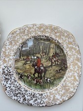 3 Vintage fine bone china plates Ashley Hunting Scene  22ct Gold Gilt
