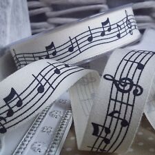 Music Notes / Score Ribbon. Cream & Black. 20mm Gift, Present, Musical Script