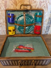 VINTAGE STURDY 4 PERSON, WICKER PICNIC Hamper BASKET , COLOURFUL PICNIC SET.