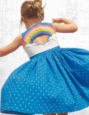 Ex Mini Boden Girl's Zadie Applique Back Dress in Blue Spot Rainbow