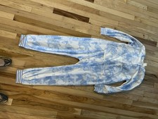 Cloud Blue Tie-Dye Fleece Footless Hooded One piece pajamas