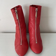Fabulous Bright Red Leather Heeled Ankle Boots Front Zip From Office Size4