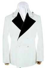 New Designer White Double Breasted Tuxedo Black Satin Lapel Coat