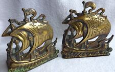 Bookends.BRASS. Sailing Ships. Cat Sails.1930s. Vintage.New Baize.Some Enamel.