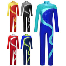Girls Jumpsuit Gymnastics Leotard Rhinestone Romper Mock Neck Catsuit Dance