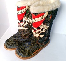 Ed Hardy Skull Tattoo Patterned Logo Fluffy Winter Boots Size 36