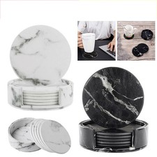 6x Coasters for Drinks with Holder Marble texture Round Cup Mat Pad Set