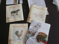 3 x cross stitch charts Jane Greenoff COW PIG ROOSTER - some threads