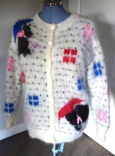 Patricia Roberts Mohair Cardigan Hand Knit white with dogs ,umbrellas. 42ins