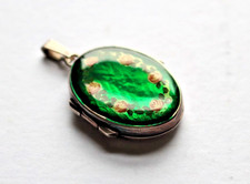 Antique silver locket green enamel hand painted