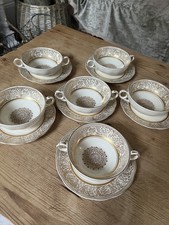 GRINDLEY CREAM PETAL WARWICK SOUP BOWLS AND SAUCERS SET OF SIX GOLD PATTERN