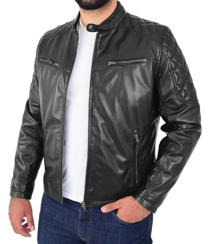 Mens soft black leather biker - black,