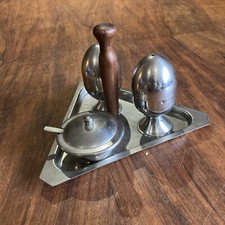 Mid Century Modern Condiment Tray , Egg Cups With Wooden Handle