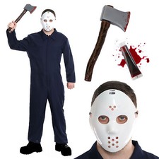 HALLOWEEN JASON ADULTS COSTUME FANCY DRESS NAVY JUMPSUIT MASK AXE BLOOD