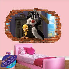 TWEETY CARTOON CHARACTER WALL STICKER ART 3D SMASHED ROOM DECOR DECAL MURAL XC7