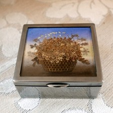Art Deco Chrome Box w/ Fine Marquetry Micro Mosaic Basket Panel 1920s RARE