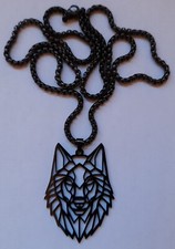 Geometric Wolf Pendant Necklace Black Stainless Steel Animal Alsatian Dog Chain