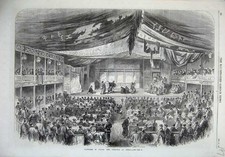Original Old Antique Print 1868 Scene Japan Theatre Osaka Stage Music Stalls