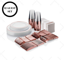 96 Set Elegant Plastic Party Wedding Dinner Set Plates Cups Cutlery Rose Gold