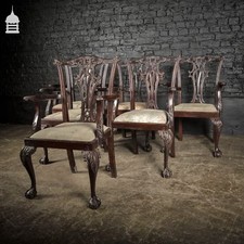Chippendale Revival Dining Chairs, Set of Six Ornate Armchairs Circa 1900