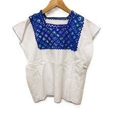 Mexican Embroidered Huipil Maya Top Organic Cotton Manta White & Blue- One Size