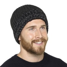 Men's Beanie Hat Knitted Wool-Blend with Soft Fleece Lining - Two-Tone Design