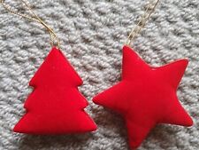 Vintage 1970's red Velvet Padded Material Christmas Tree Decorations Star & Tree