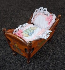 Handmade Miniature 1/12th Scale Dolls House Brown Wooden Crib & Bedding set Pink