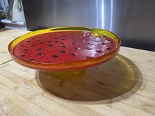 Vintage Glass Pedestal Cake Stand Watermelon Design Red & Yellow Retro 11” 28cm