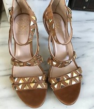 Vince Camuto Tan Leather Studded Sandals Size 37 Ankle Strap Back Zip, Heels