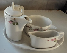 Vintage Lang Ebrach Bavaria Pink Rose Curved Teapot, Jug & Cup With Saucer Plate