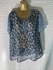Womens BHS Petite Uk 14 Blue Mix Floral Short Sleeve V Neck Sheer Blouse Shirt