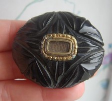 RARE Victorian GJ Trade Mark Pin Carved Whitby Jet Hair Locket Mourning Brooch