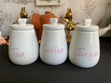 Cannisters for tea, coffee and Sugar set of 3, pink and white with heart top lid