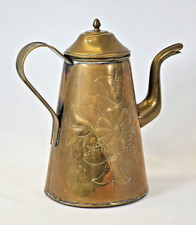Vintage Turkish Coffee Pot Brass Tone Tea Pot Tall Pouring Kettle Metal Engraved
