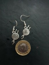 Ladies Silver Knitting Yarn And Pins Hook Earrings Fancy Dress Hobby Charm
