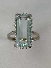 French Art Deco 18ct White Gold & Aquamarine Ring, Baguette Cut 4.5ct Size L 1/2