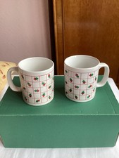 Two Vintage 1980s Kiln Craft Mugs Ceramic England Green Red Squares Coffee