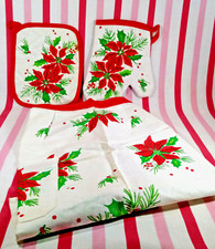 NOS Mid Century 3pc Christmas Poinsettia Kitchen Hostess Set Apron + Pot Holders