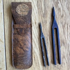 Antique pair forged iron Tuning forks leather case for musical instrument 