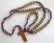 Brown Wood Rosary Beads ~ Wooden Rosaries Prayer Bead Catholic Purple Cord