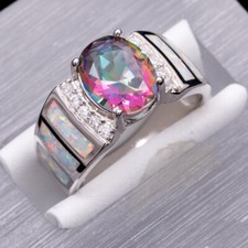 8x10 Oval Rainbow Mystic Topaz White Fire Opal CZ Silver Jewelry Ring SZ 7 8 9
